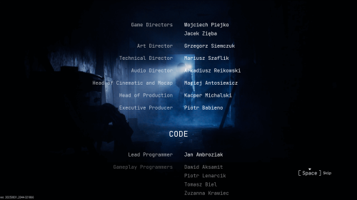 Credits screenshot of Cronos: The New Dawn video game interface.