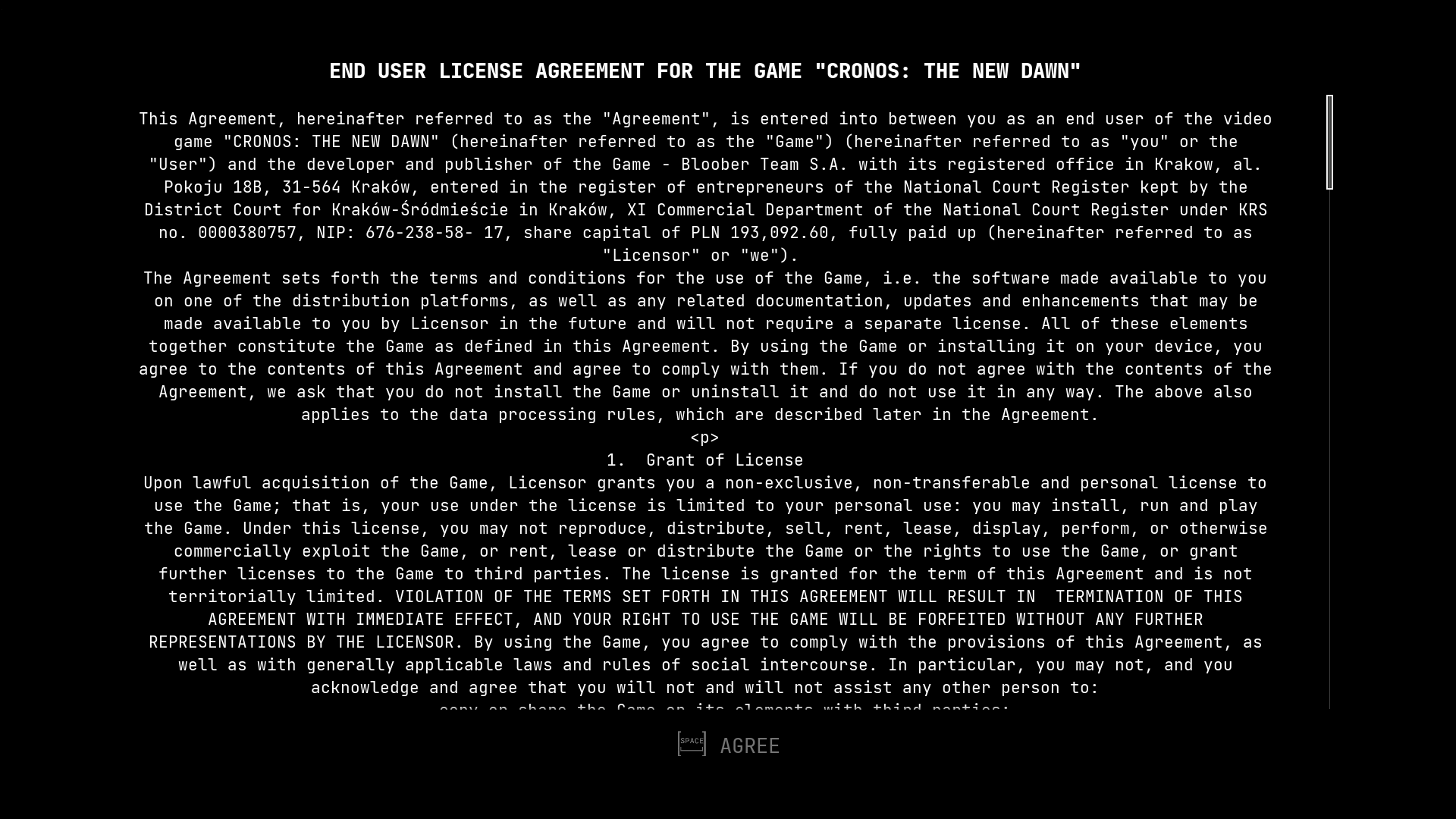 EULA screenshot of Cronos: The New Dawn video game interface.