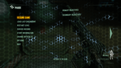 Pause screenshot of Crysis 3 video game interface.
