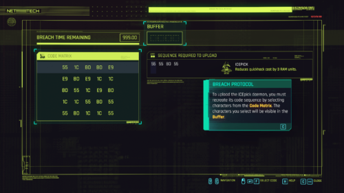 Breach protocol screenshot of Cyberpunk 2077 video game interface.