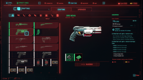 Crafting blocked screenshot of Cyberpunk 2077 video game interface.