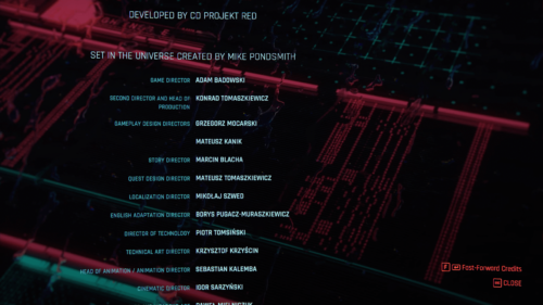 Credits screenshot of Cyberpunk 2077 video game interface.