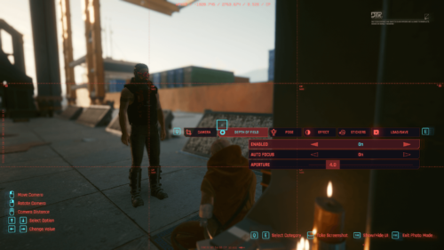 Depth of field screenshot of Cyberpunk 2077 video game interface.