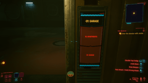 Elevator screenshot of Cyberpunk 2077 video game interface.