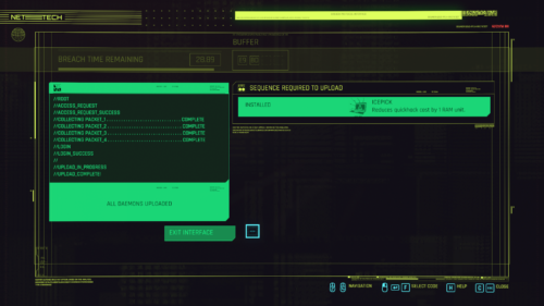Exit interface screenshot of Cyberpunk 2077 video game interface.