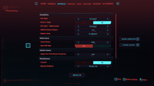 Gameplay screenshot of Cyberpunk 2077 video game interface.