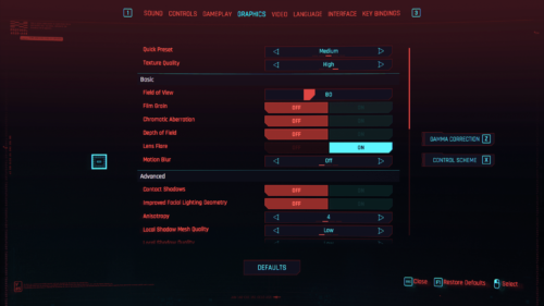 Graphics screenshot of Cyberpunk 2077 video game interface.