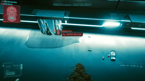 Incoming call screenshot of Cyberpunk 2077 video game interface.