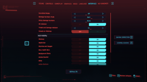 Interface screenshot of Cyberpunk 2077 video game interface.