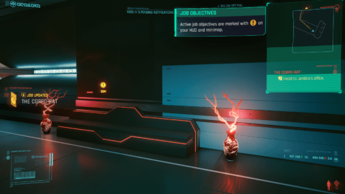 Job objectives screenshot of Cyberpunk 2077 video game interface.