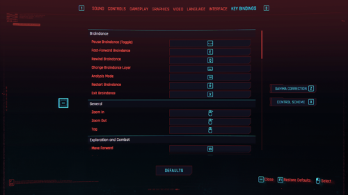 Key bindings screenshot of Cyberpunk 2077 video game interface.