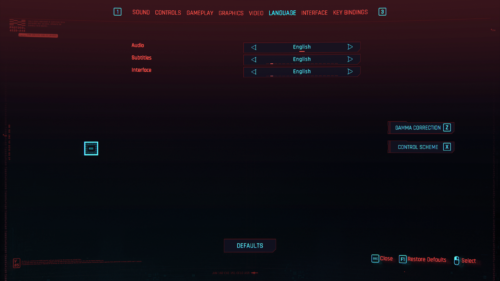 Language screenshot of Cyberpunk 2077 video game interface.