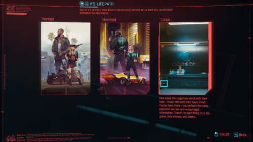 Lifepath screenshot of Cyberpunk 2077 video game interface.