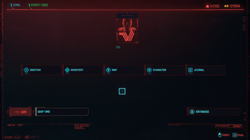 Main menu screenshot of Cyberpunk 2077 video game interface.
