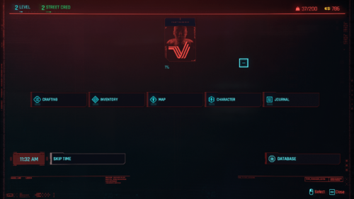 Main menu screenshot of Cyberpunk 2077 video game interface.