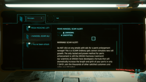 Messages screenshot of Cyberpunk 2077 video game interface.