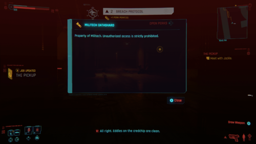 Militech datashard screenshot of Cyberpunk 2077 video game interface.