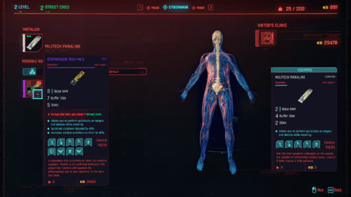 Militech paraline screenshot of Cyberpunk 2077 video game interface.