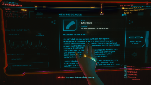 New messages screenshot of Cyberpunk 2077 video game interface.