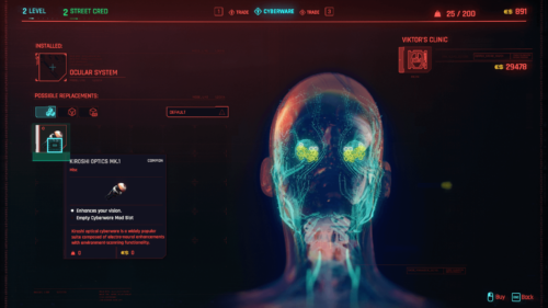Ocular system screenshot of Cyberpunk 2077 video game interface.