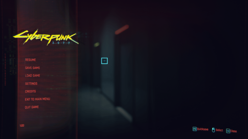 Pause screenshot of Cyberpunk 2077 video game interface.