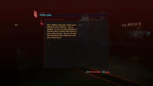 Regina Jones screenshot of Cyberpunk 2077 video game interface.