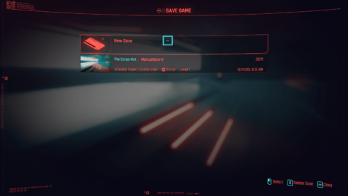 Save game screenshot of Cyberpunk 2077 video game interface.