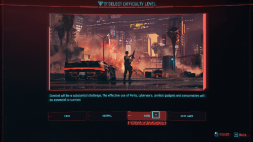 Select difficulty level screenshot of Cyberpunk 2077 video game interface.