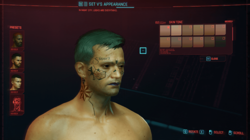 Skin tone screenshot of Cyberpunk 2077 video game interface.