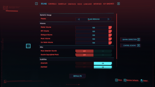 Sound screenshot of Cyberpunk 2077 video game interface.