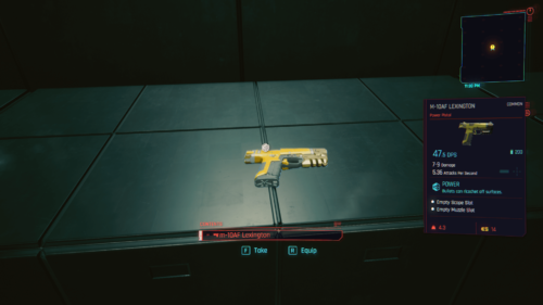 Take pistol screenshot of Cyberpunk 2077 video game interface.