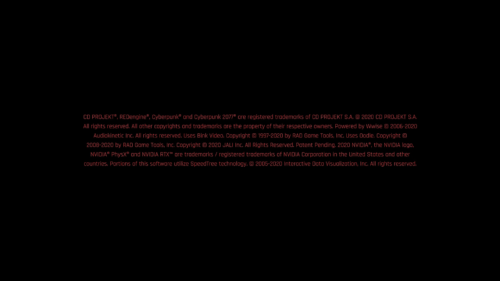 Trademarks screenshot of Cyberpunk 2077 video game interface.