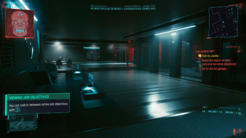 Viewing job objectives screenshot of Cyberpunk 2077 video game interface.