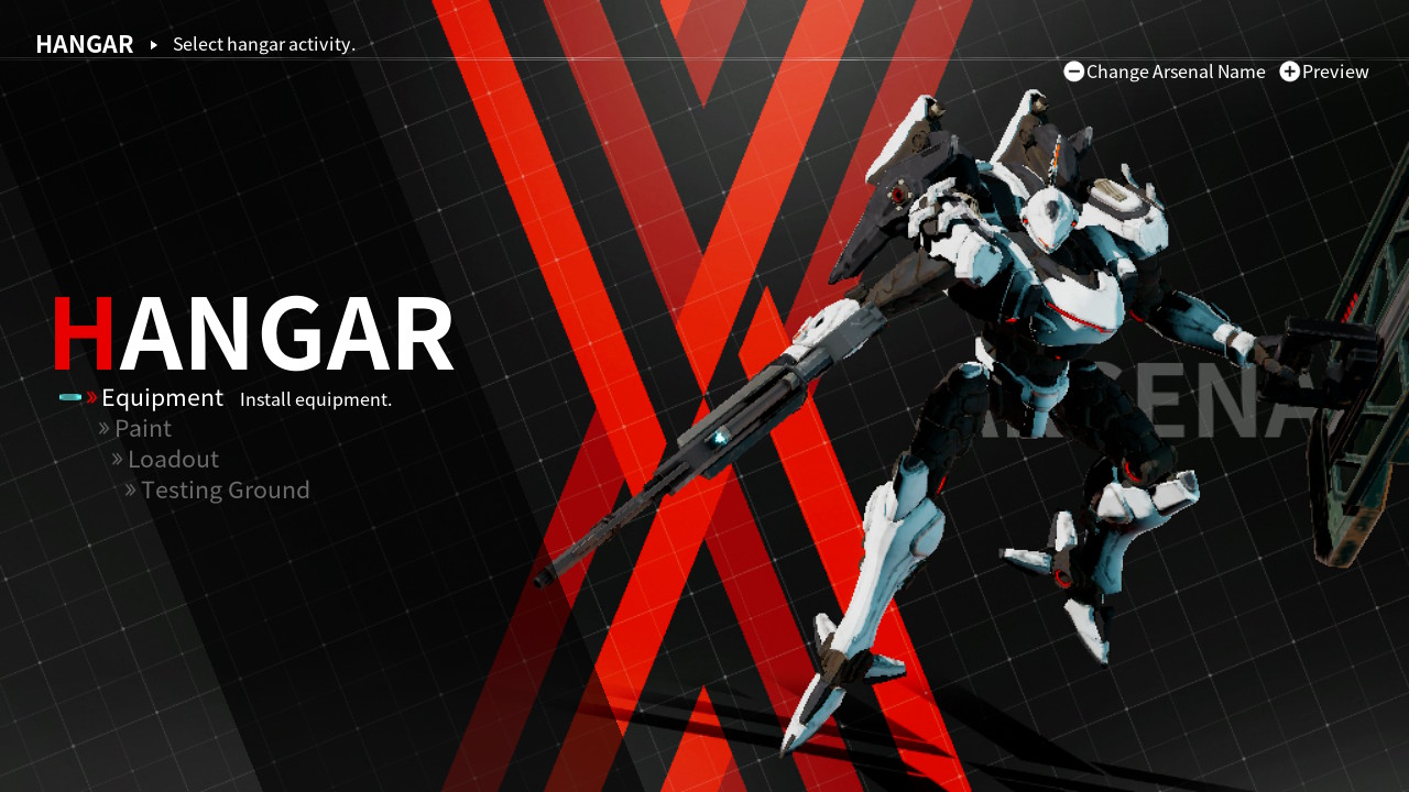 Hangar screenshot of Daemon X Machina video game interface.