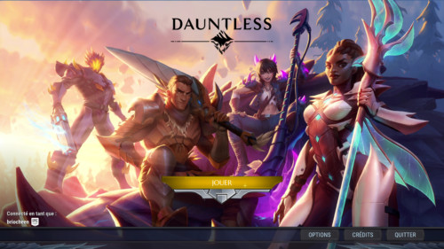 Start screen screenshot of Dauntless video game interface.