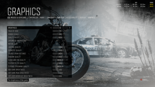 Settings screenshot of Days Gone video game interface.