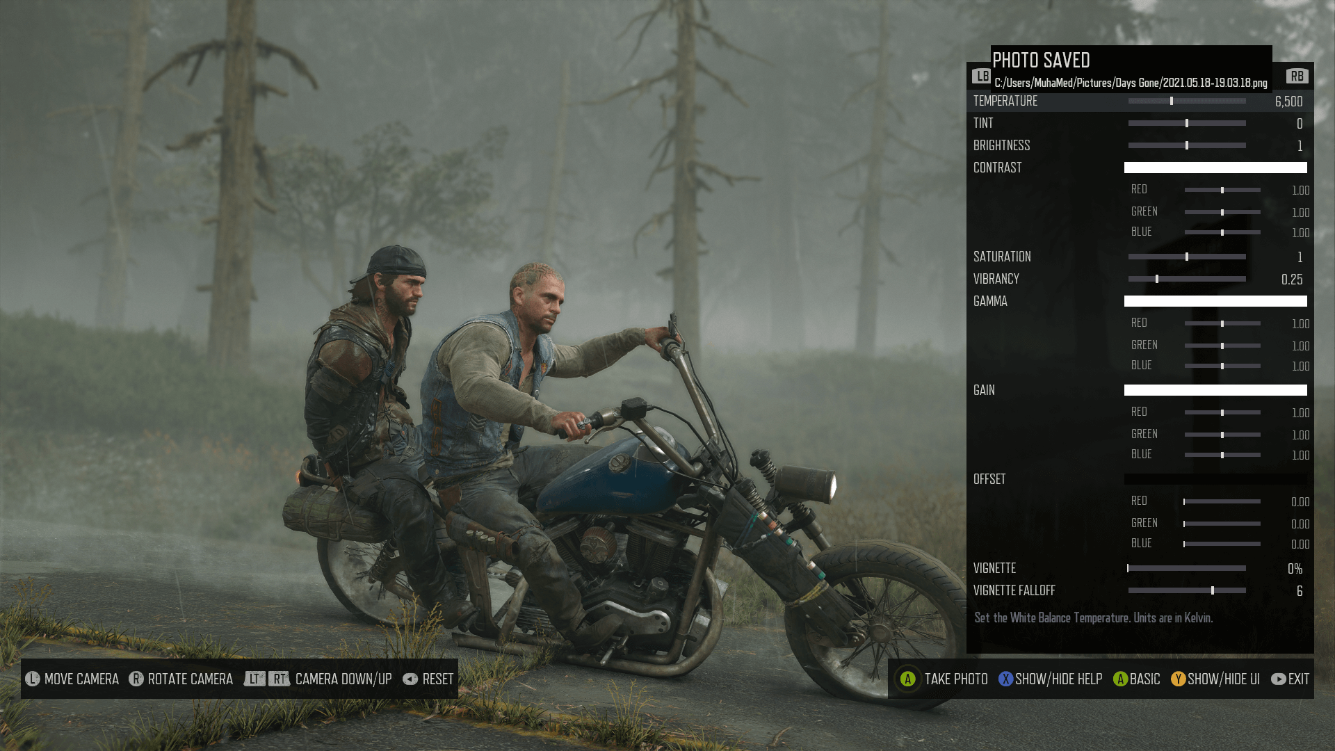 Photo Mode screenshot of Days Gone video game interface.