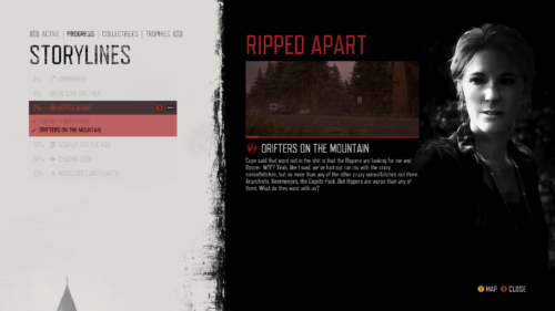 Storylines screenshot of Days Gone video game interface.