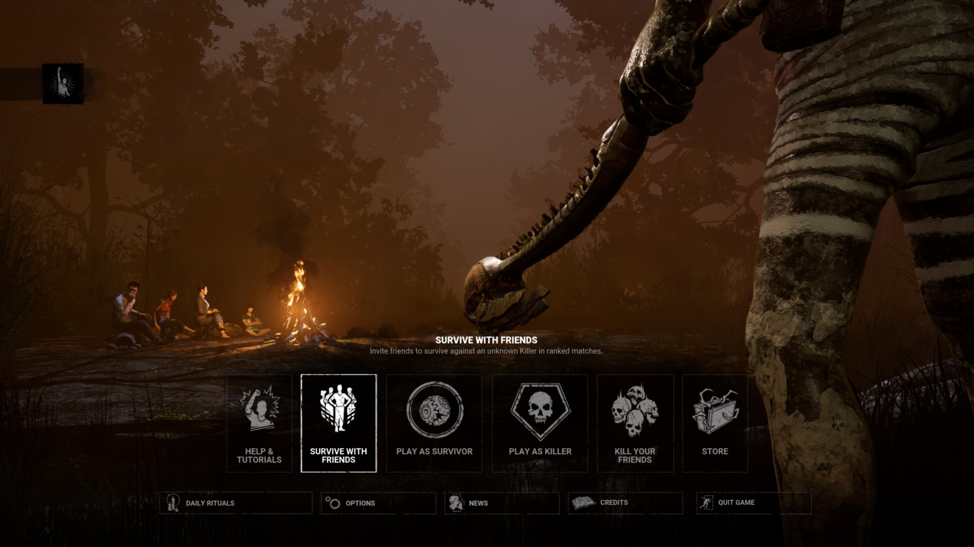 Main menu screenshot of Dead by Daylight video game interface.