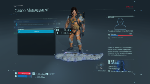 Cargo Management screenshot of Death Stranding video game interface.