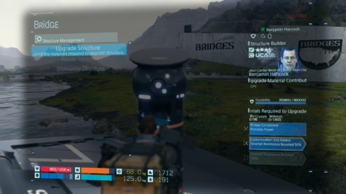 Construction screenshot of Death Stranding video game interface.