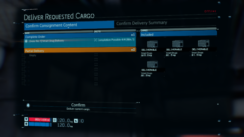 Deliver Request Cargo screenshot of Death Stranding video game interface.