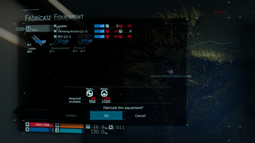 Fabricate Equipment screenshot of Death Stranding video game interface.