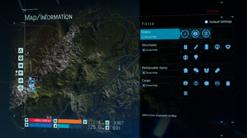 Filter screenshot of Death Stranding video game interface.
