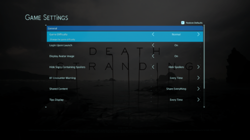 Game Settings screenshot of Death Stranding video game interface.