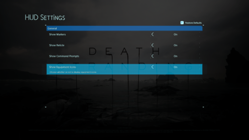 HUD Settings screenshot of Death Stranding video game interface.