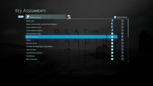 Key assignments screenshot of Death Stranding video game interface.