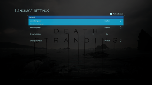 Language Settings screenshot of Death Stranding video game interface.
