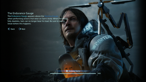 Loading screen screenshot of Death Stranding video game interface.