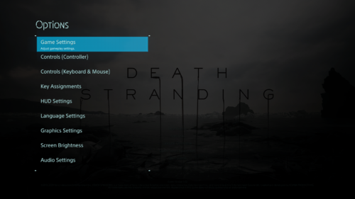 Options screenshot of Death Stranding video game interface.